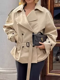 Double Breasted Women's Trench Coat - Classic Lapel Belted Short Windbreaker - Oversized Spring Casual Streetwear 2026