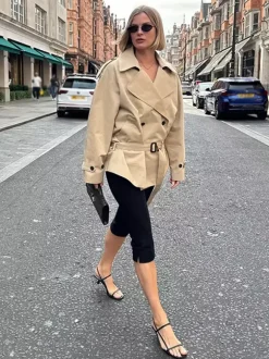 Double Breasted Women's Trench Coat - Classic Lapel Belted Short Windbreaker - Oversized Spring Casual Streetwear 2026