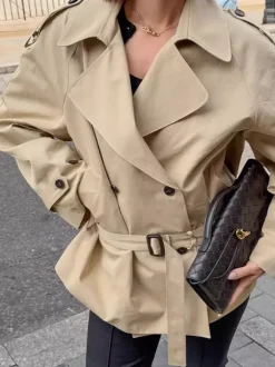 Double Breasted Women's Trench Coat - Classic Lapel Belted Short Windbreaker - Oversized Spring Casual Streetwear 2026