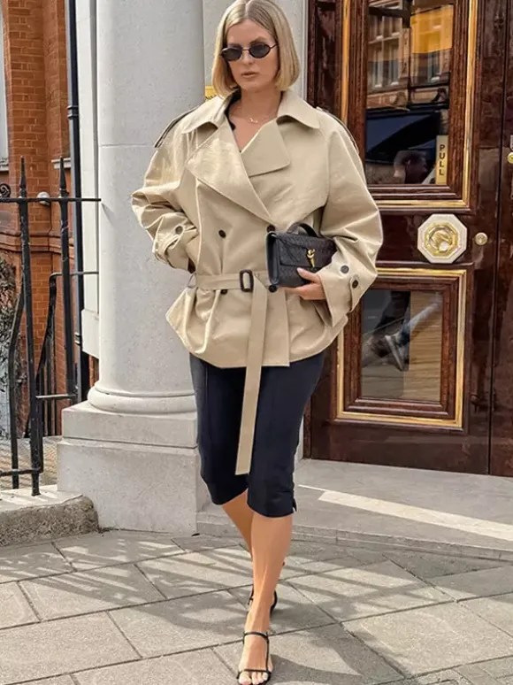 Double Breasted Women's Trench Coat - Classic Lapel Belted Short Windbreaker - Oversized Spring Casual Streetwear 2026