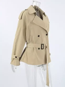 Double Breasted Women's Trench Coat - Classic Lapel Belted Short Windbreaker - Oversized Spring Casual Streetwear 2026