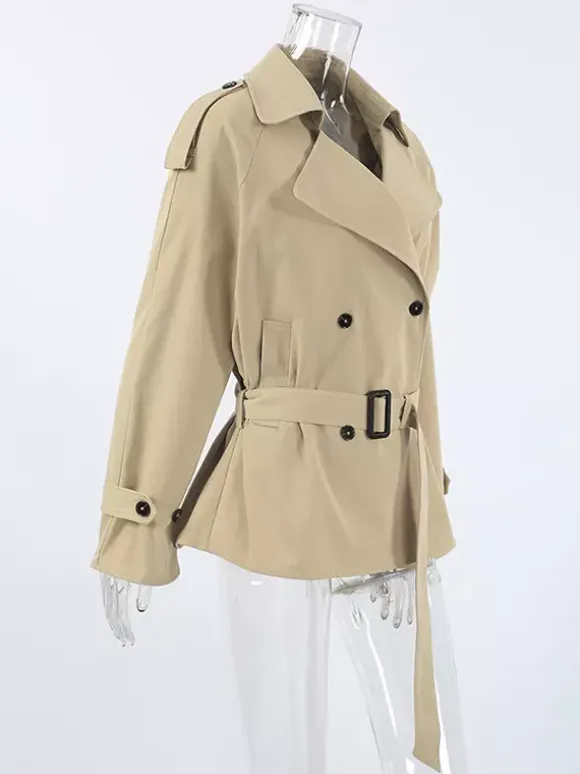 Double Breasted Women's Trench Coat - Classic Lapel Belted Short Windbreaker - Oversized Spring Casual Streetwear 2026