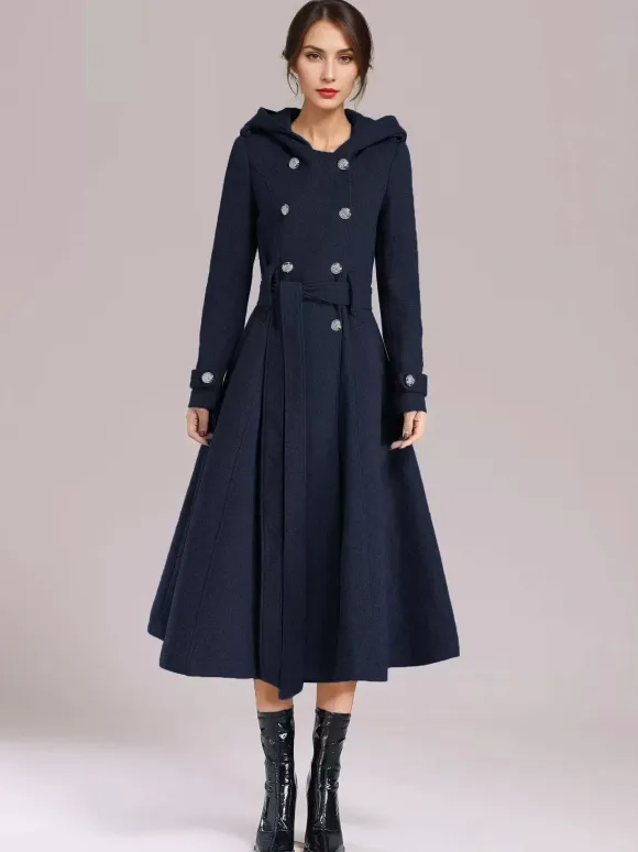 Double-breasted Woolen Coat With Hood Burgundy Belted Winter Long Outerwear For Women 2026