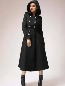 Double-breasted Woolen Coat With Hood Burgundy Belted Winter Long Outerwear For Women 2026