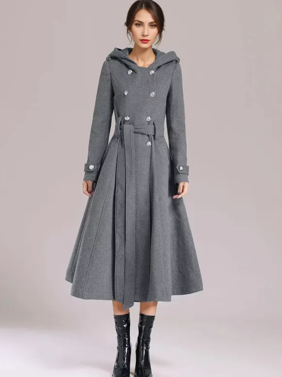 Double-breasted Woolen Coat With Hood Burgundy Belted Winter Long Outerwear For Women 2026