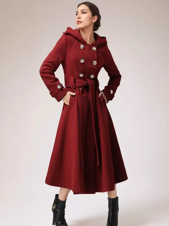 Double-breasted Woolen Coat With Hood Burgundy Belted Winter Long Outerwear For Women 2026