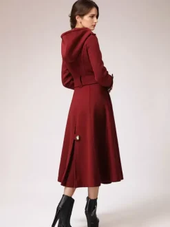 Double-breasted Woolen Coat With Hood Burgundy Belted Winter Long Outerwear For Women 2026