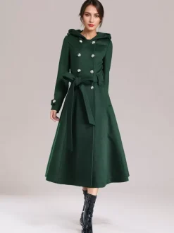 Double-breasted Woolen Coat With Hood Burgundy Belted Winter Long Outerwear For Women 2026