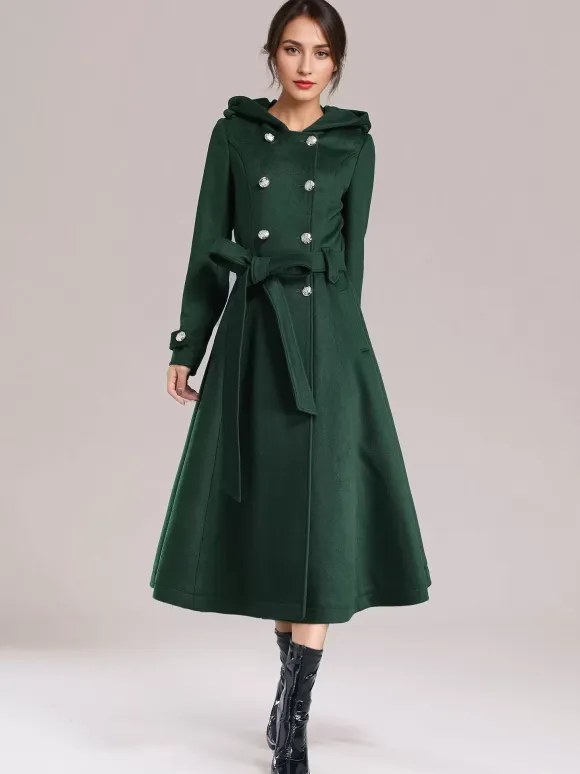 Double-breasted Woolen Coat With Hood Burgundy Belted Winter Long Outerwear For Women 2026