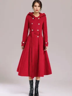 Double-breasted Woolen Coat With Hood Burgundy Belted Winter Long Outerwear For Women 2026