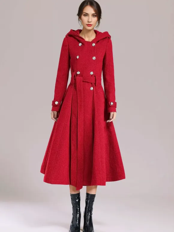Double-breasted Woolen Coat With Hood Burgundy Belted Winter Long Outerwear For Women 2026