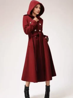 Double-breasted Woolen Coat With Hood Burgundy Belted Winter Long Outerwear For Women 2026