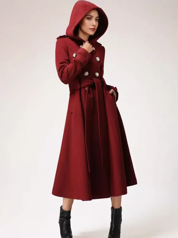 Double-breasted Woolen Coat With Hood Burgundy Belted Winter Long Outerwear For Women 2026