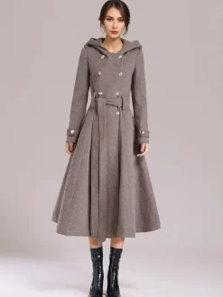 Double-breasted Woolen Coat With Hood Burgundy Belted Winter Long Outerwear For Women 2026