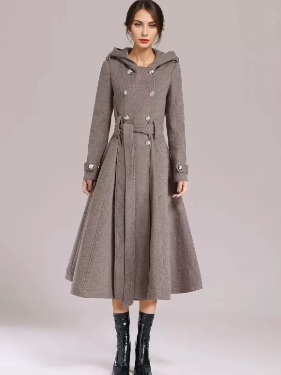 Double-breasted Woolen Coat With Hood Burgundy Belted Winter Long Outerwear For Women 2026
