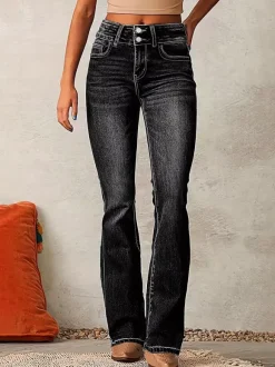 Double Button Flare Jeans For Women - Slim Fit Bootcut Denim Pants - Spring Casual Streetwear 2026