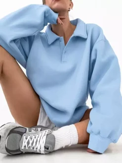 Draped Oversized Polo Sweatshirt Partial Front Buttons Relaxed Basic Pullover