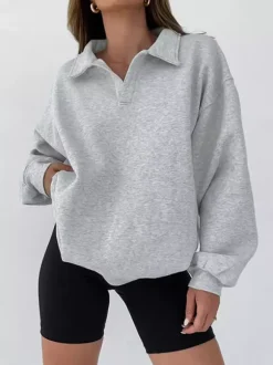Draped Oversized Polo Sweatshirt Partial Front Buttons Relaxed Basic Pullover