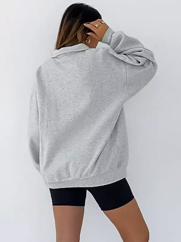 Draped Oversized Polo Sweatshirt Partial Front Buttons Relaxed Basic Pullover