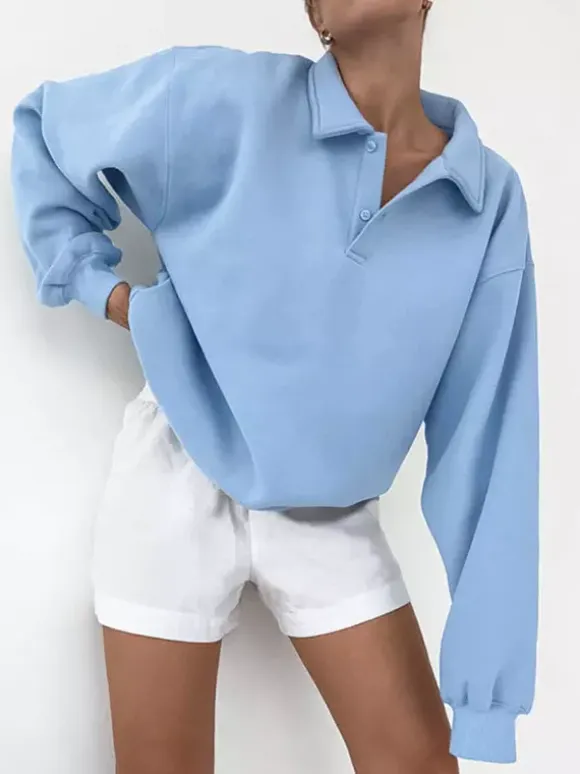 Draped Oversized Polo Sweatshirt Partial Front Buttons Relaxed Basic Pullover