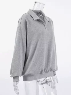 Draped Oversized Polo Sweatshirt Partial Front Buttons Relaxed Basic Pullover