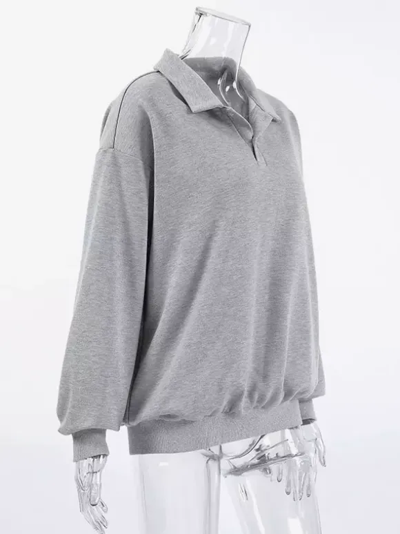 Draped Oversized Polo Sweatshirt Partial Front Buttons Relaxed Basic Pullover