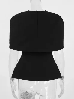 Draped Cowl Neck Cape Overlay Peplum Sleeveless Slim Formal Blouse Top