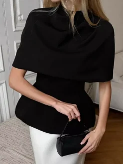 Draped Cowl Neck Cape Overlay Peplum Sleeveless Slim Formal Blouse Top