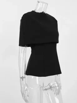 Draped Cowl Neck Cape Overlay Peplum Sleeveless Slim Formal Blouse Top