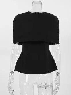 Draped Cowl Neck Cape Overlay Peplum Sleeveless Slim Formal Blouse Top