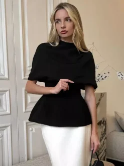 Draped Cowl Neck Cape Overlay Peplum Sleeveless Slim Formal Blouse Top