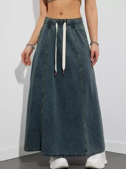 Drawstring Waist Denim Maxi Skirt For Women - Casual A-Line Flare Long Skirt With Pockets - Spring Holiday 2026