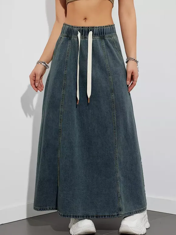 Drawstring Waist Denim Maxi Skirt For Women - Casual A-Line Flare Long Skirt With Pockets - Spring Holiday 2026