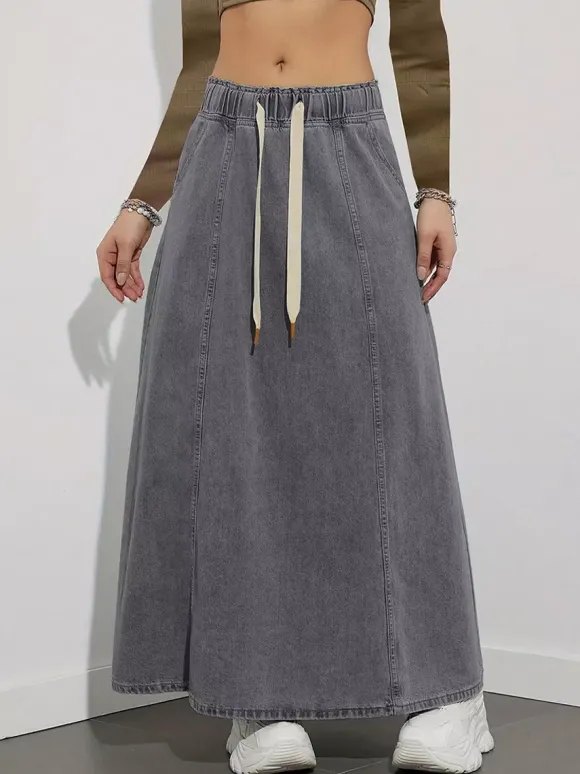Drawstring Waist Denim Maxi Skirt For Women - Casual A-Line Flare Long Skirt With Pockets - Spring Holiday 2026