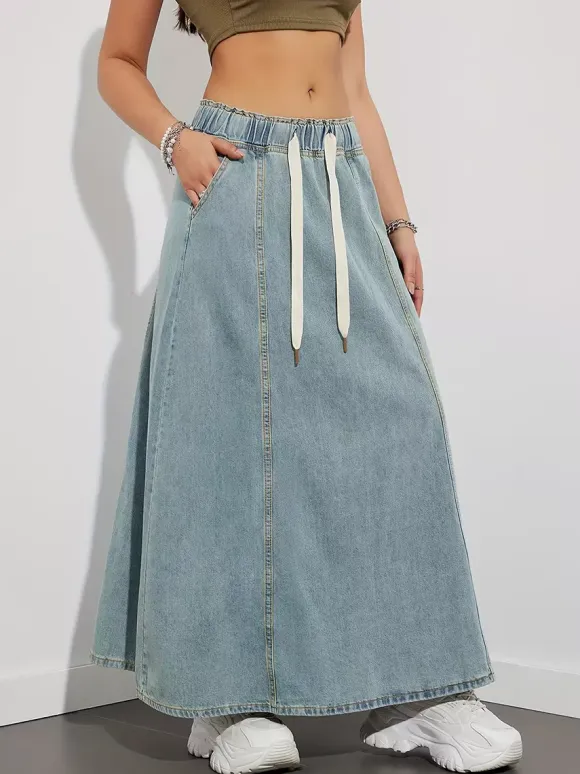 Drawstring Waist Denim Maxi Skirt For Women - Casual A-Line Flare Long Skirt With Pockets - Spring Holiday 2026