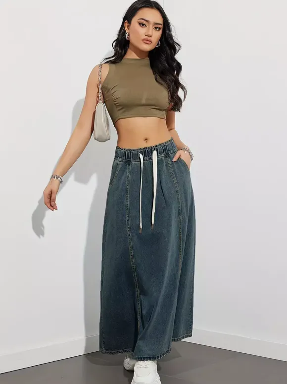 Drawstring Waist Denim Maxi Skirt For Women - Casual A-Line Flare Long Skirt With Pockets - Spring Holiday 2026