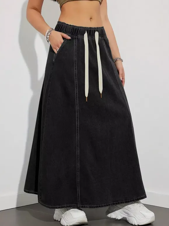 Drawstring Waist Denim Maxi Skirt For Women - Casual A-Line Flare Long Skirt With Pockets - Spring Holiday 2026
