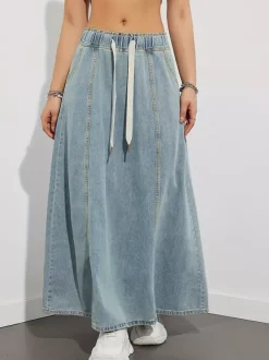 Drawstring Waist Denim Maxi Skirt For Women - Casual A-Line Flare Long Skirt With Pockets - Spring Holiday 2026