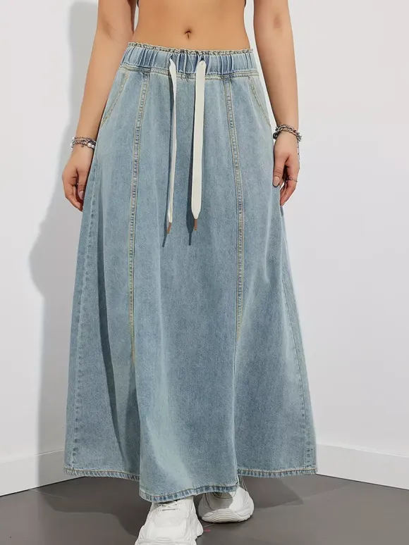 Drawstring Waist Denim Maxi Skirt For Women - Casual A-Line Flare Long Skirt With Pockets - Spring Holiday 2026