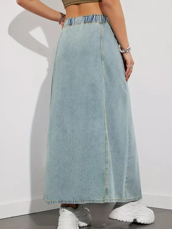 Drawstring Waist Denim Maxi Skirt For Women - Casual A-Line Flare Long Skirt With Pockets - Spring Holiday 2026