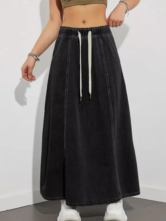 Drawstring Waist Denim Maxi Skirt For Women - Casual A-Line Flare Long Skirt With Pockets - Spring Holiday 2026
