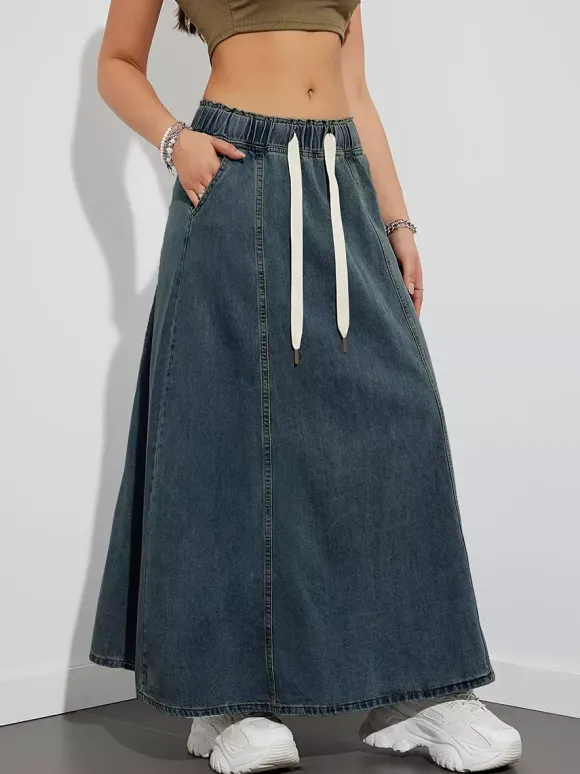 Drawstring Waist Denim Maxi Skirt For Women - Casual A-Line Flare Long Skirt With Pockets - Spring Holiday 2026