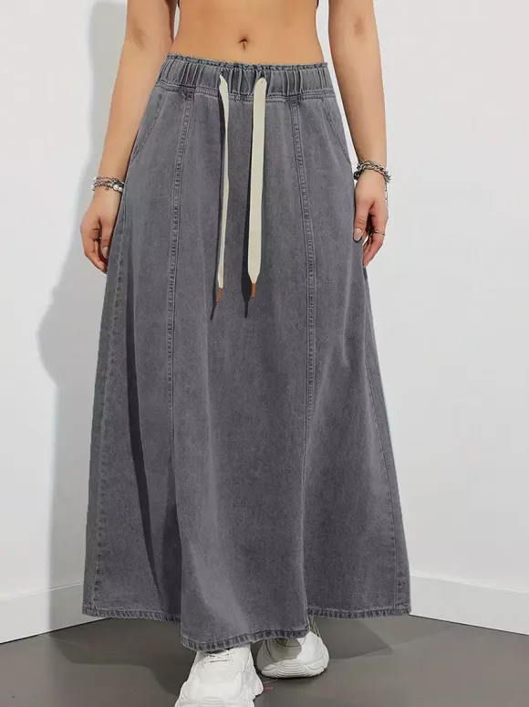 Drawstring Waist Denim Maxi Skirt For Women - Casual A-Line Flare Long Skirt With Pockets - Spring Holiday 2026