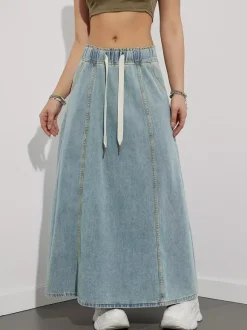 Drawstring Waist Denim Maxi Skirt For Women - Casual A-Line Flare Long Skirt With Pockets - Spring Holiday 2026
