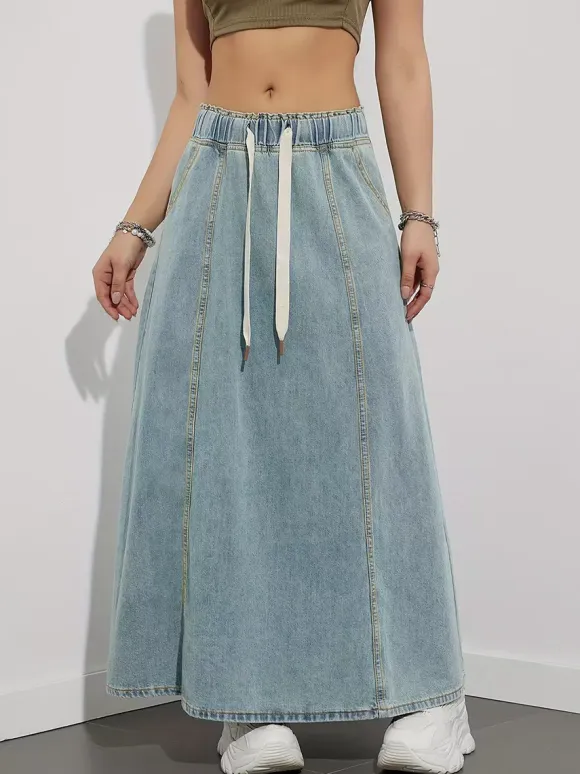 Drawstring Waist Denim Maxi Skirt For Women - Casual A-Line Flare Long Skirt With Pockets - Spring Holiday 2026