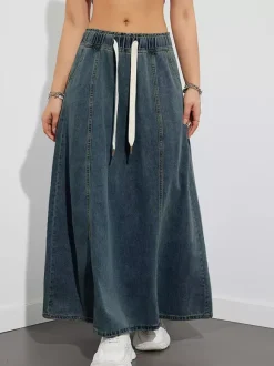 Drawstring Waist Denim Maxi Skirt For Women - Casual A-Line Flare Long Skirt With Pockets - Spring Holiday 2026