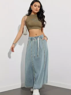 Drawstring Waist Denim Maxi Skirt For Women - Casual A-Line Flare Long Skirt With Pockets - Spring Holiday 2026