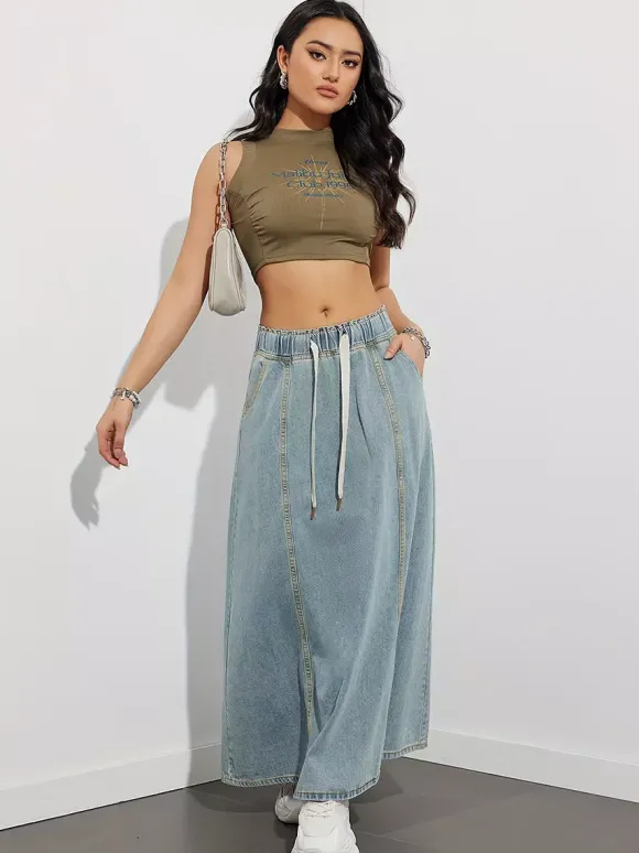 Drawstring Waist Denim Maxi Skirt For Women - Casual A-Line Flare Long Skirt With Pockets - Spring Holiday 2026