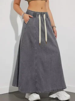 Drawstring Waist Denim Maxi Skirt For Women - Casual A-Line Flare Long Skirt With Pockets - Spring Holiday 2026