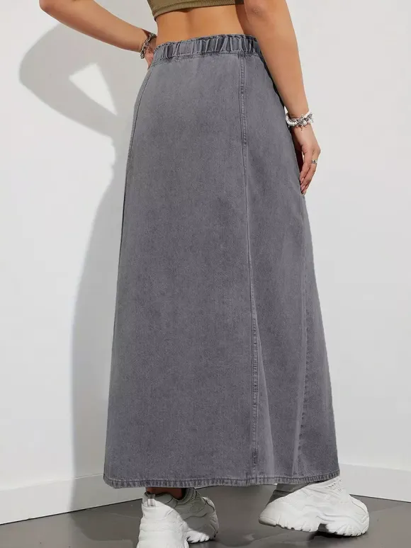 Drawstring Waist Denim Maxi Skirt For Women - Casual A-Line Flare Long Skirt With Pockets - Spring Holiday 2026